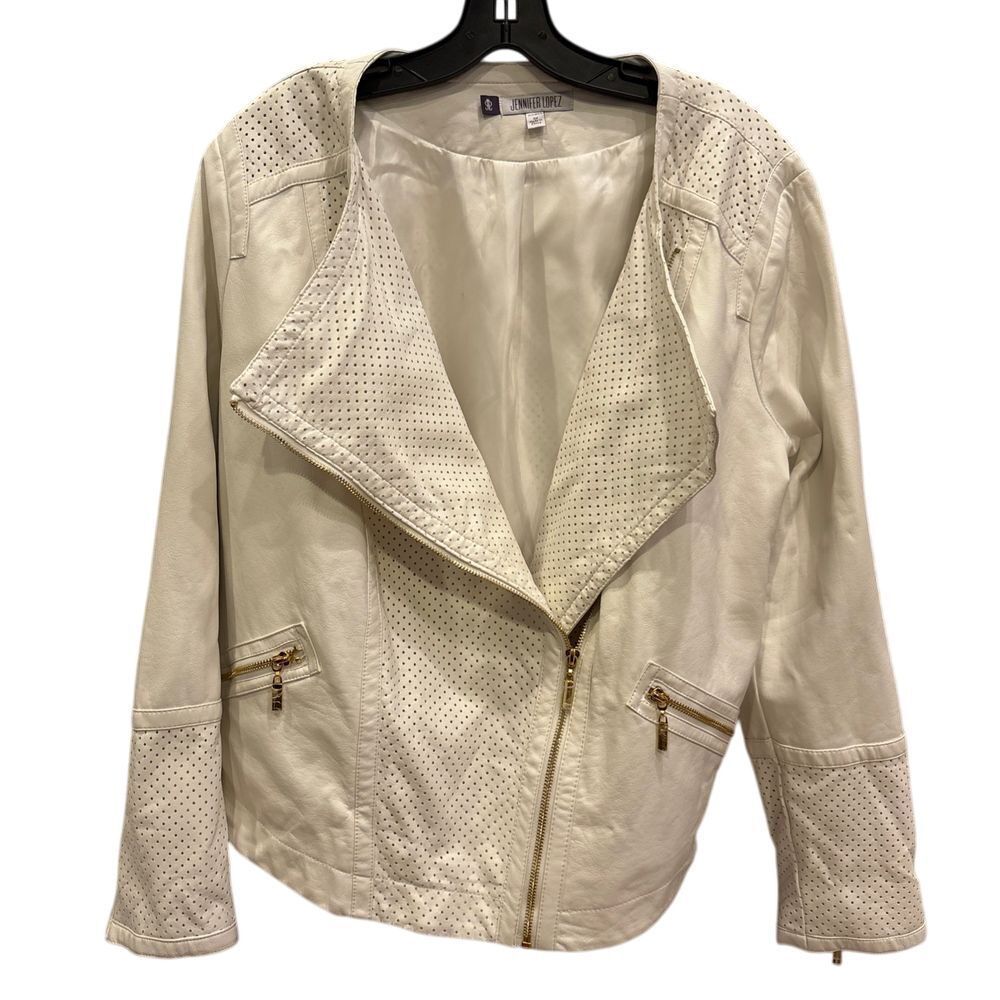 Jennifer Lopez Faux Leather Jacket White Gold Zippers Long Sleeve Zip Pockets 1X